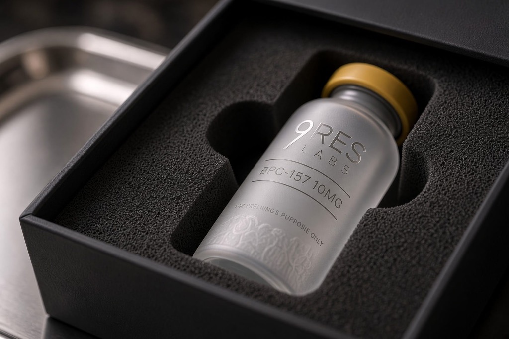 Close-up of the engraved BPC-157 vial nestled in a fitted black case