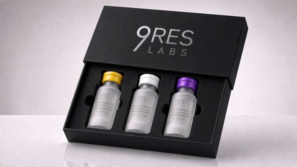 Three 9RES LABS research vials in a black presentation case