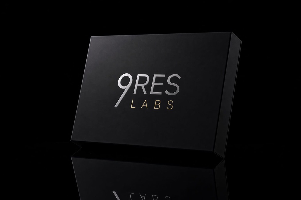 Black 9RES LABS presentation case with silver and gold lettering