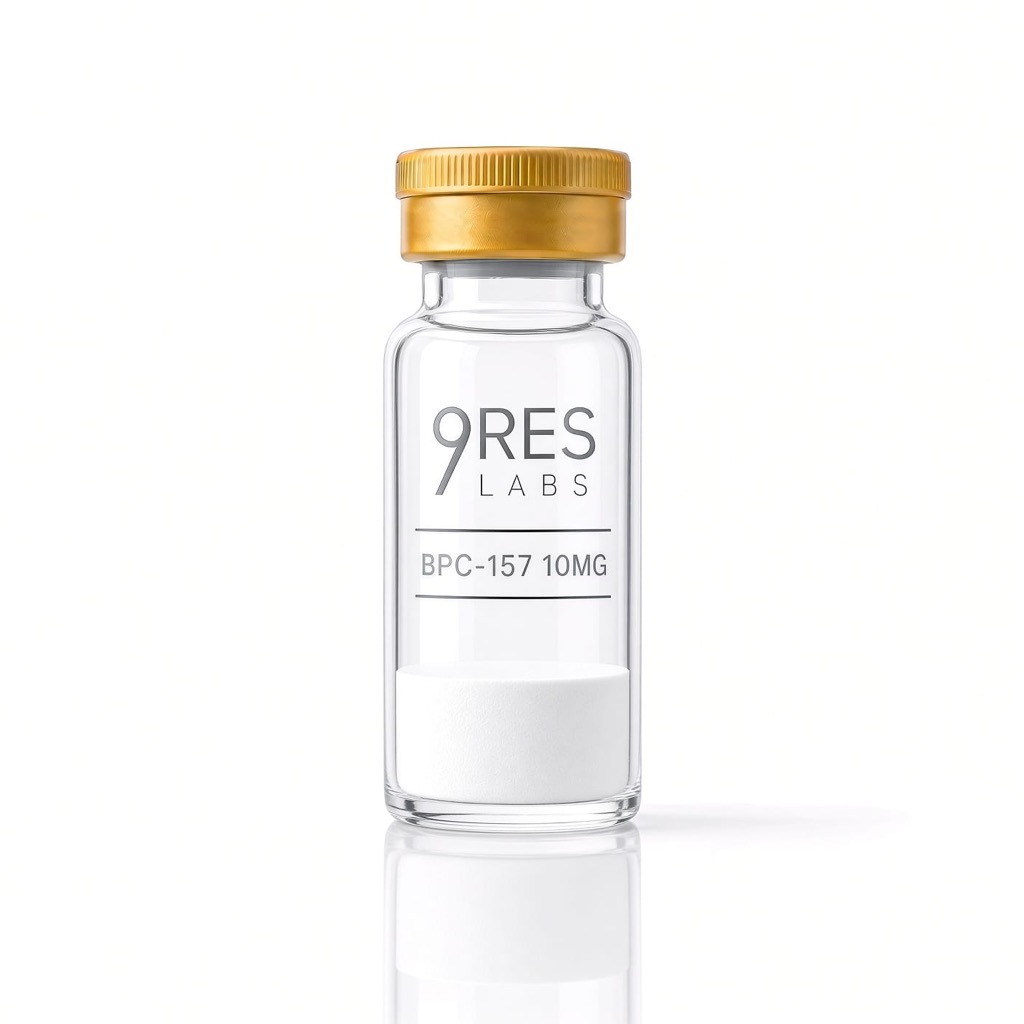 BPC-157 · In detail gold-capped glass research vial